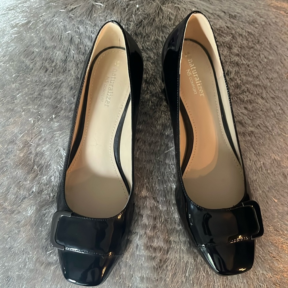 Black Patent with buckle detail shoes 2” heel.
